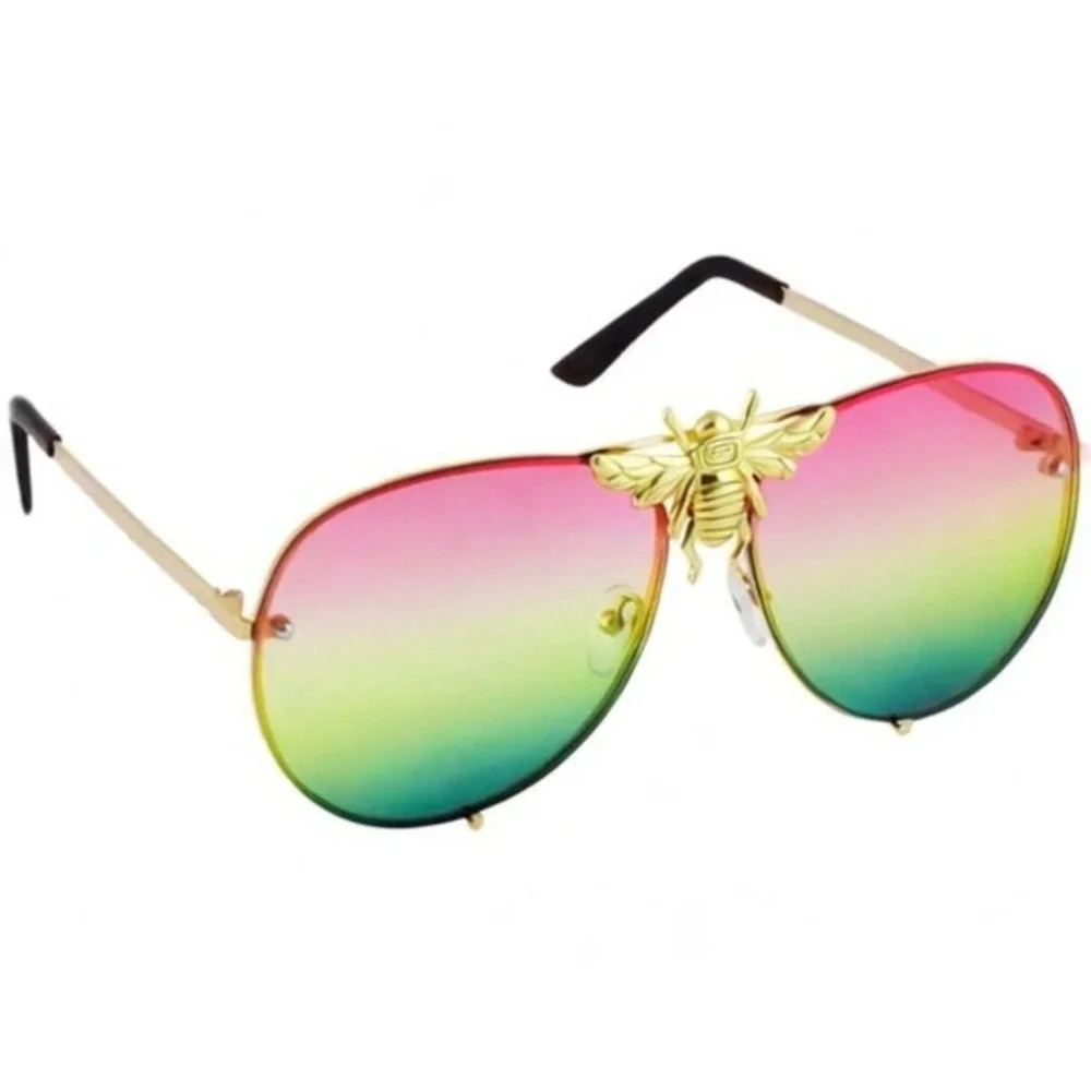 Bee Aviator Sunglasses Rainbow Lens Gold Frame Fashion Statement Sun Glasses New